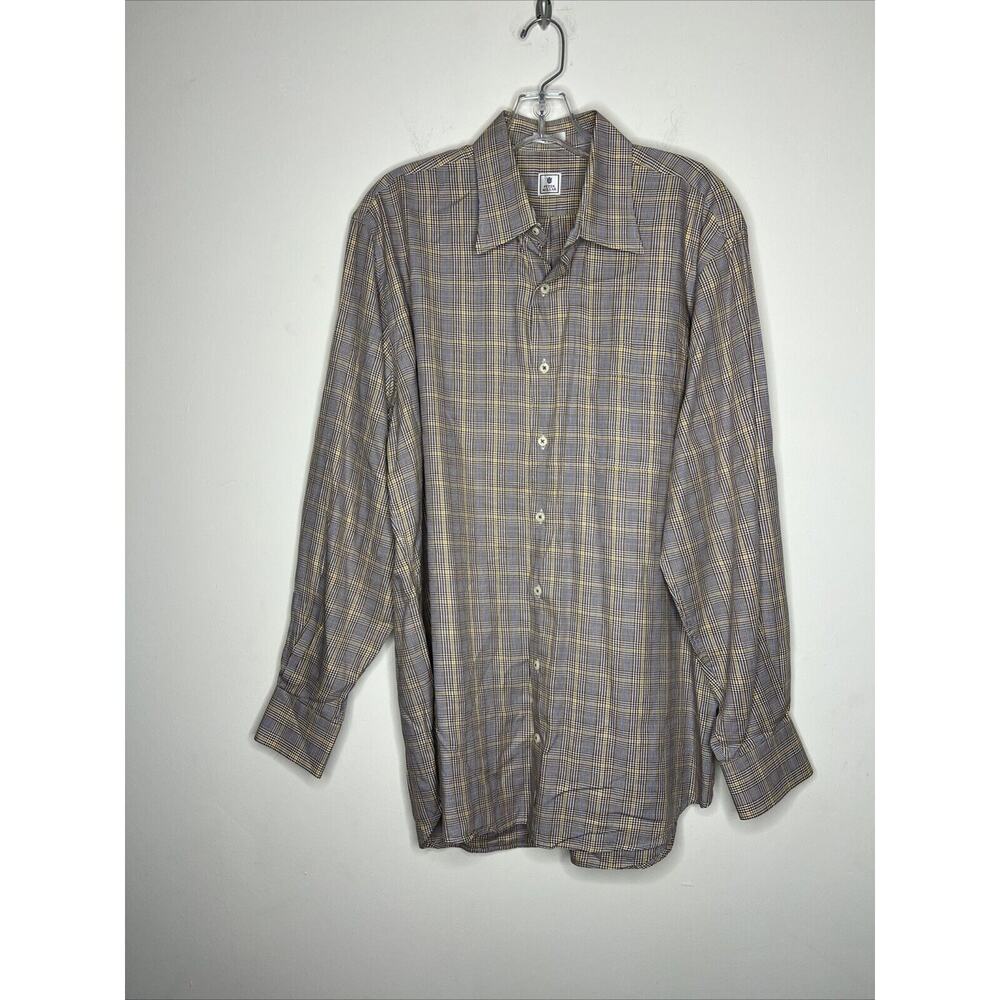 Peter Millar Mens Shirt Large Brown Houndstooth Check Cotton Classic Casual Prep